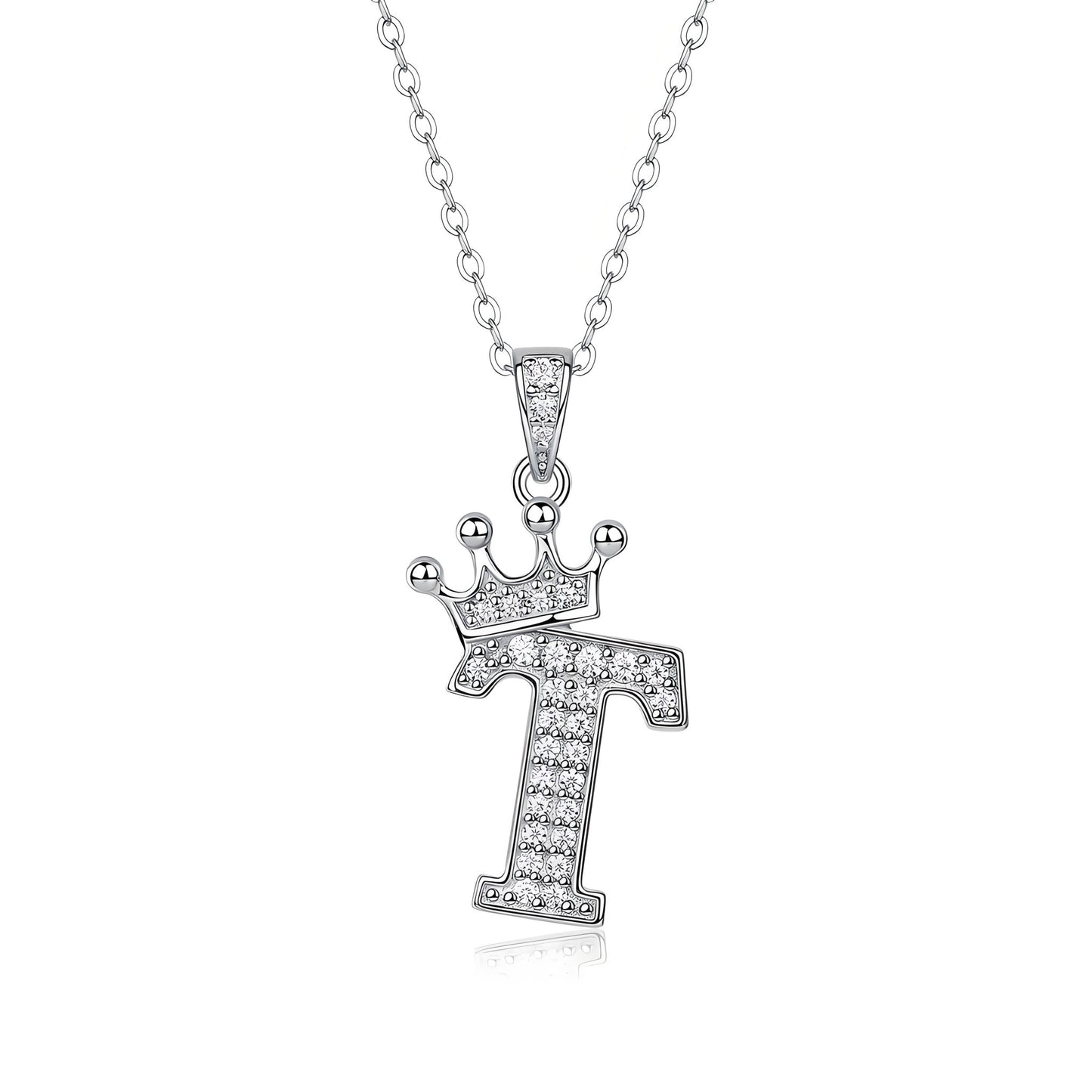 Crown Initial 'T' Letter Customized Moissanite Pendant Necklace of Tiara Alphabet with Halo Bail in 18K Gold Plated Sterling Silver - La Pretti