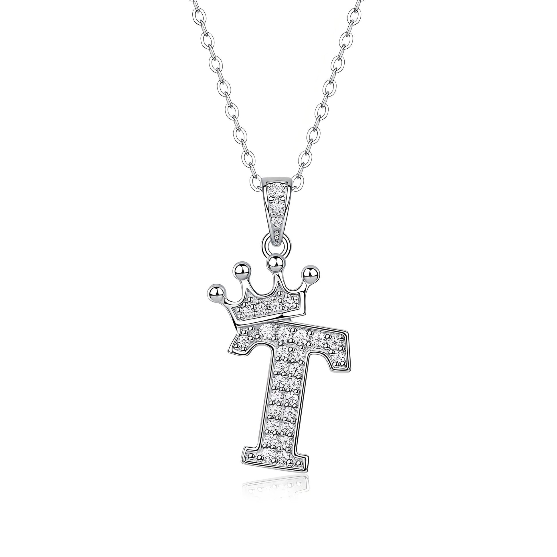 Crown Initial 'T' Letter Customized Moissanite Pendant Necklace of Tiara Alphabet with Halo Bail in 18K Gold Plated Sterling Silver - La Pretti