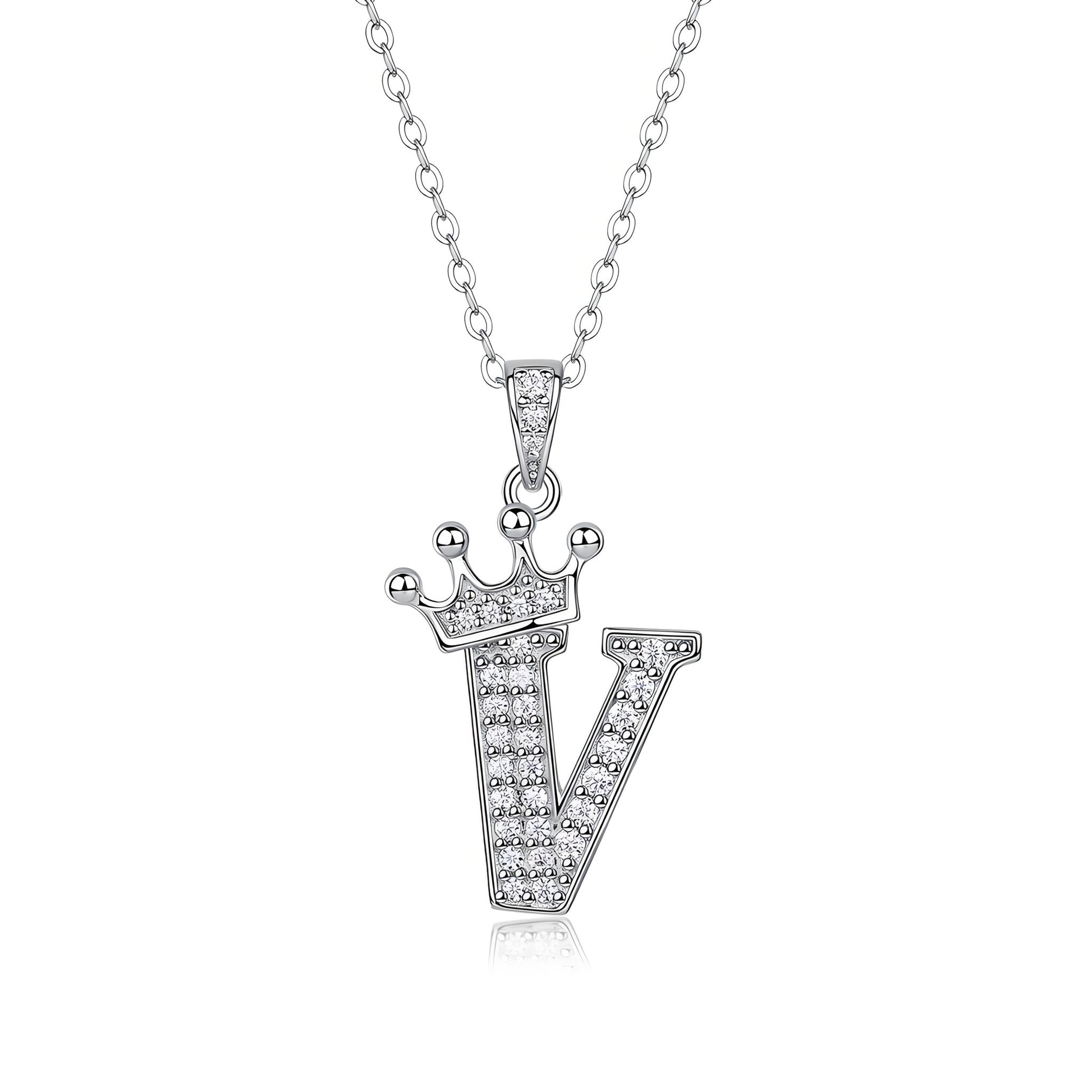Crown Initial 'V' Letter Customized Moissanite Pendant Necklace of Tiara Alphabet with Halo Bail in 18K Gold Plated Sterling Silver - La Pretti