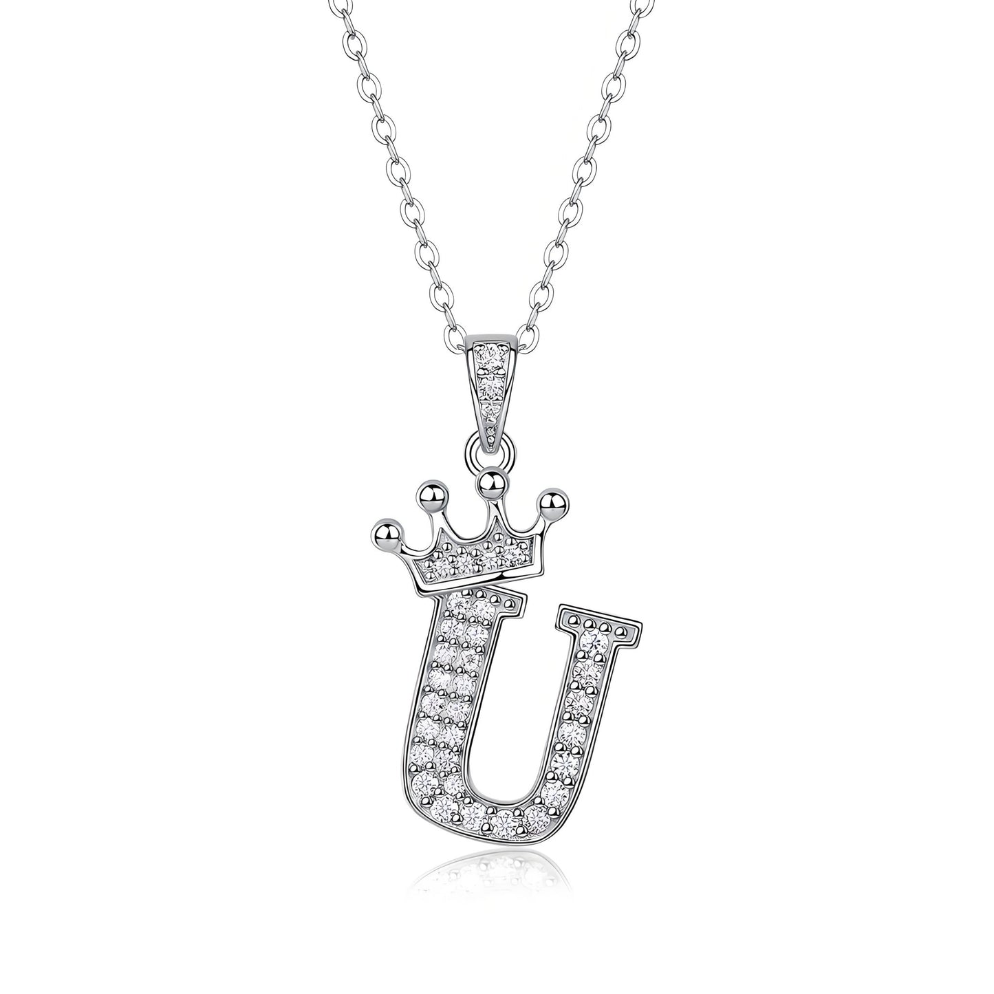Crown Initial 'U' Letter Customized Moissanite Pendant Necklace of Tiara Alphabet with Halo Bail in 18K Gold Plated Sterling Silver - La Pretti