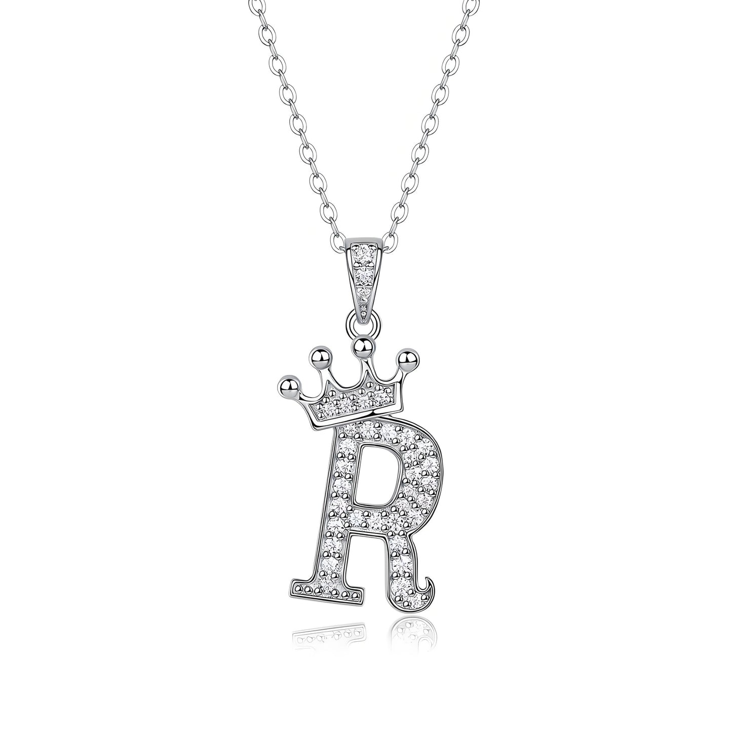 Crown Initial 'R' Letter Customized Moissanite Pendant Necklace of Tara Alphabet with Halo Bail in 18K Gold Plated Sterling Silver - La Pretti