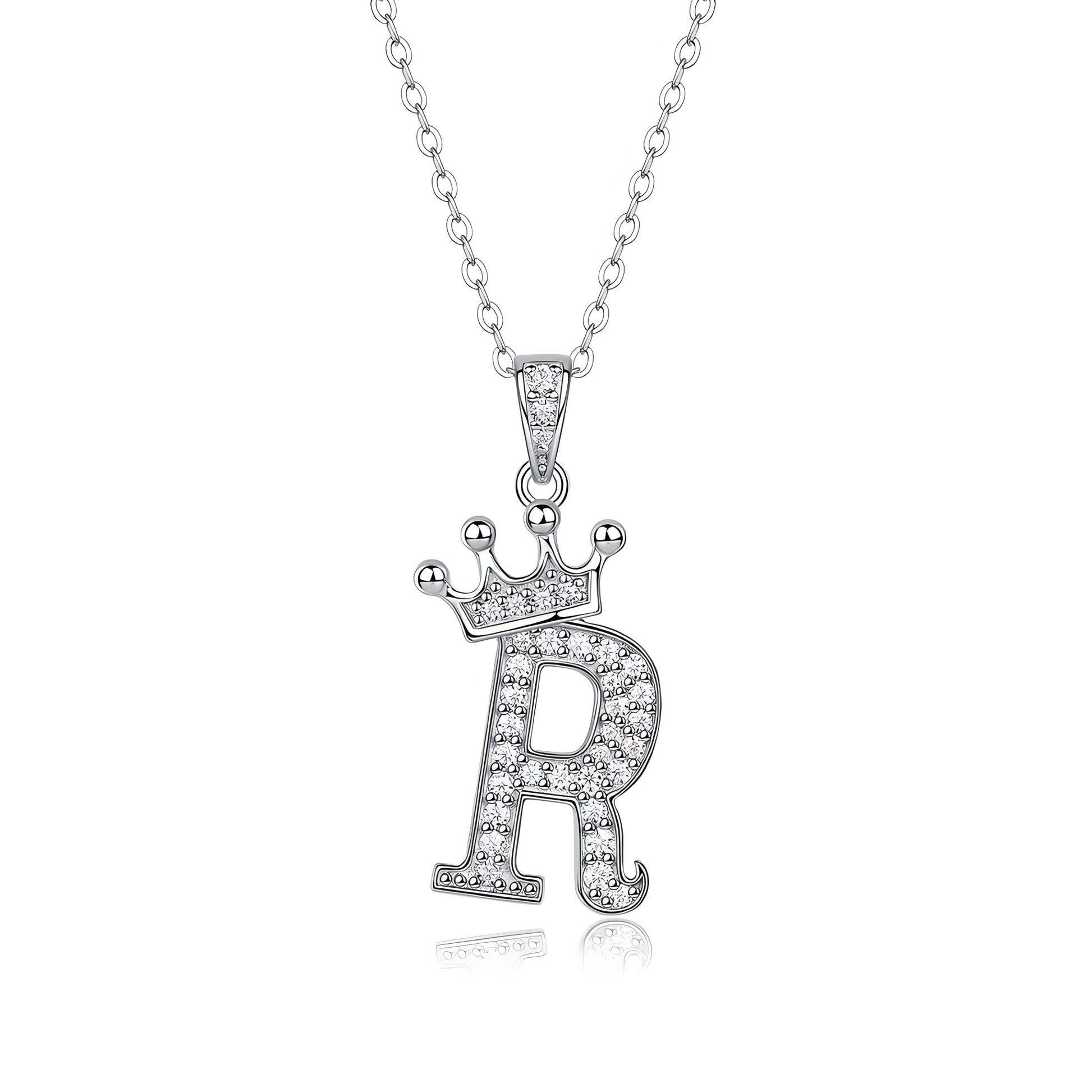 Crown Initial 'R' Letter Customized Moissanite Pendant Necklace of Tara Alphabet with Halo Bail in 18K Gold Plated Sterling Silver - La Pretti