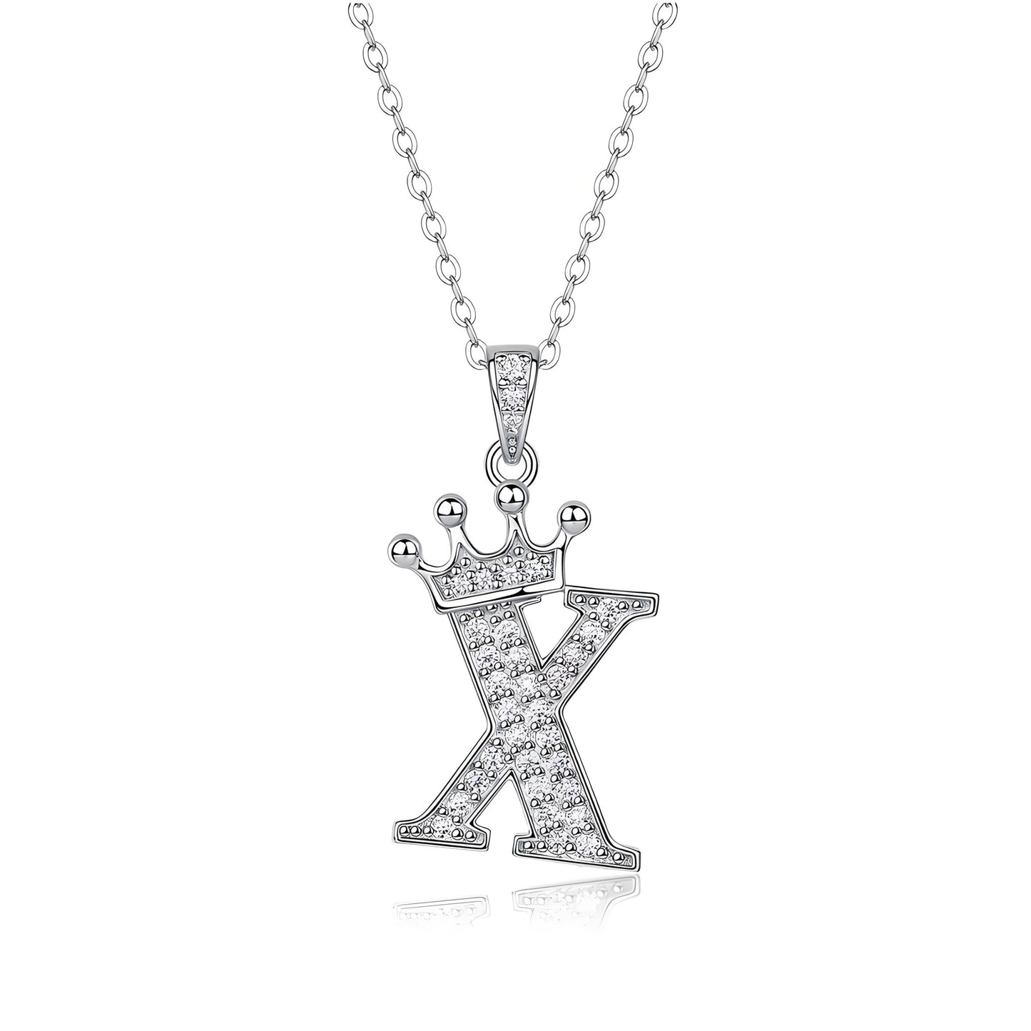 Crown Initial 'X' Letter Customized Moissanite Pendant Necklace of Tiara Alphabet with Halo Bail in 18K Gold Plated Sterling Silver - La Pretti