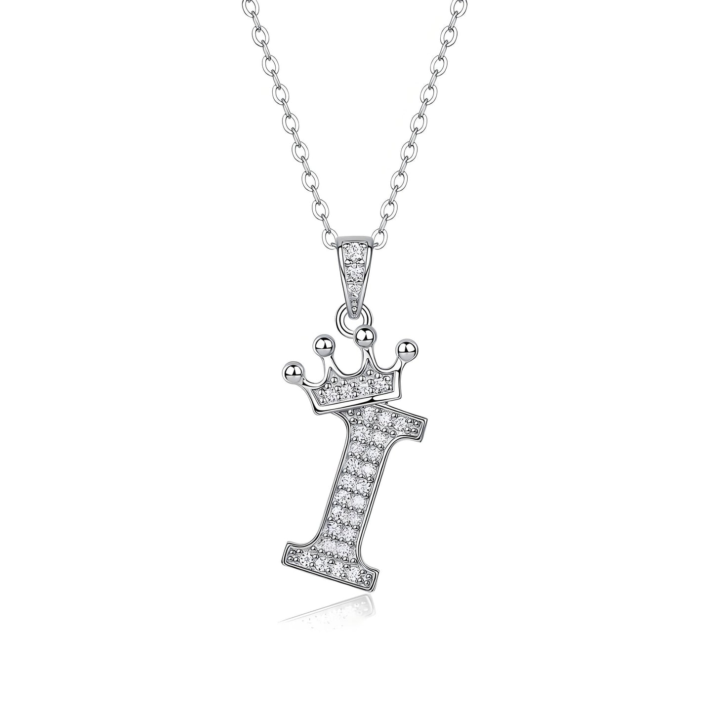 Crown Initial 'I' Letter Customized Moissanite Pendant Necklace of Tiara Alphabet with Halo Bail in 18K Gold Plated Sterling Silver - La Pretti