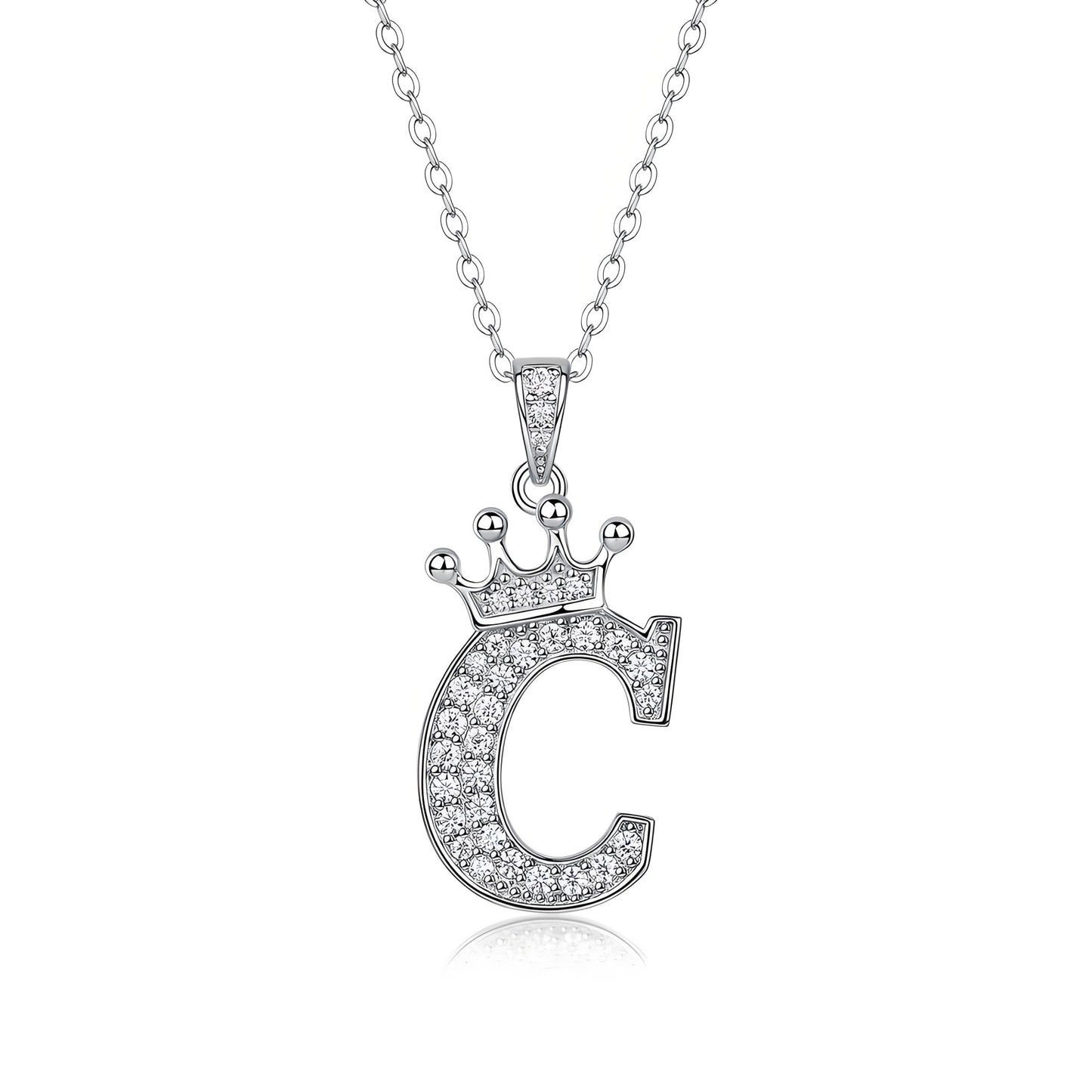 Crown Initial 'C' Letter Customized Moissanite Pendant Necklace of Tara Alphabet with Halo Bail in 18K Gold Plated Sterling Silver - La Pretti