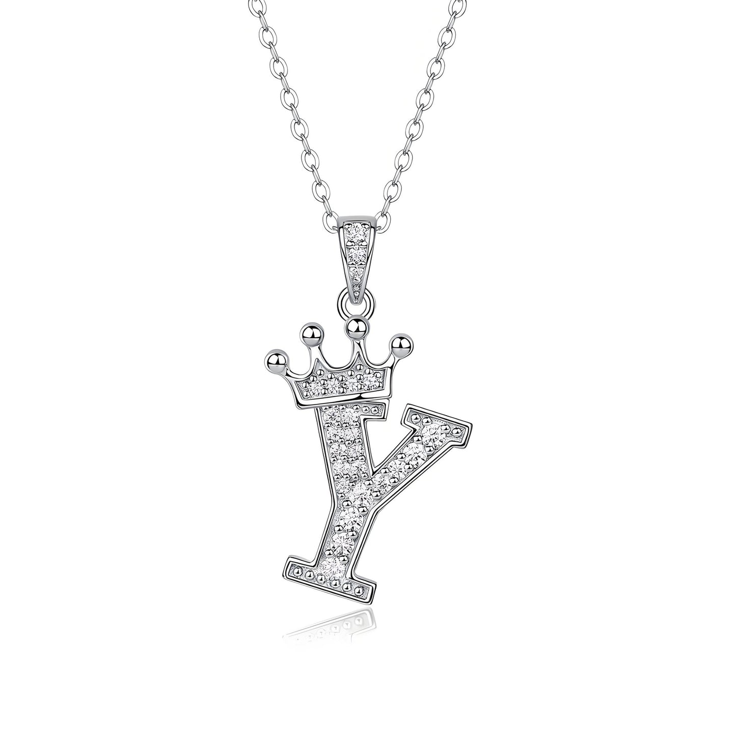 Crown Initial 'Y' Letter Customized Moissanite Pendant Necklace of Tiara Alphabet with Halo Bail in 18K Gold Plated Sterling Silver - La Pretti