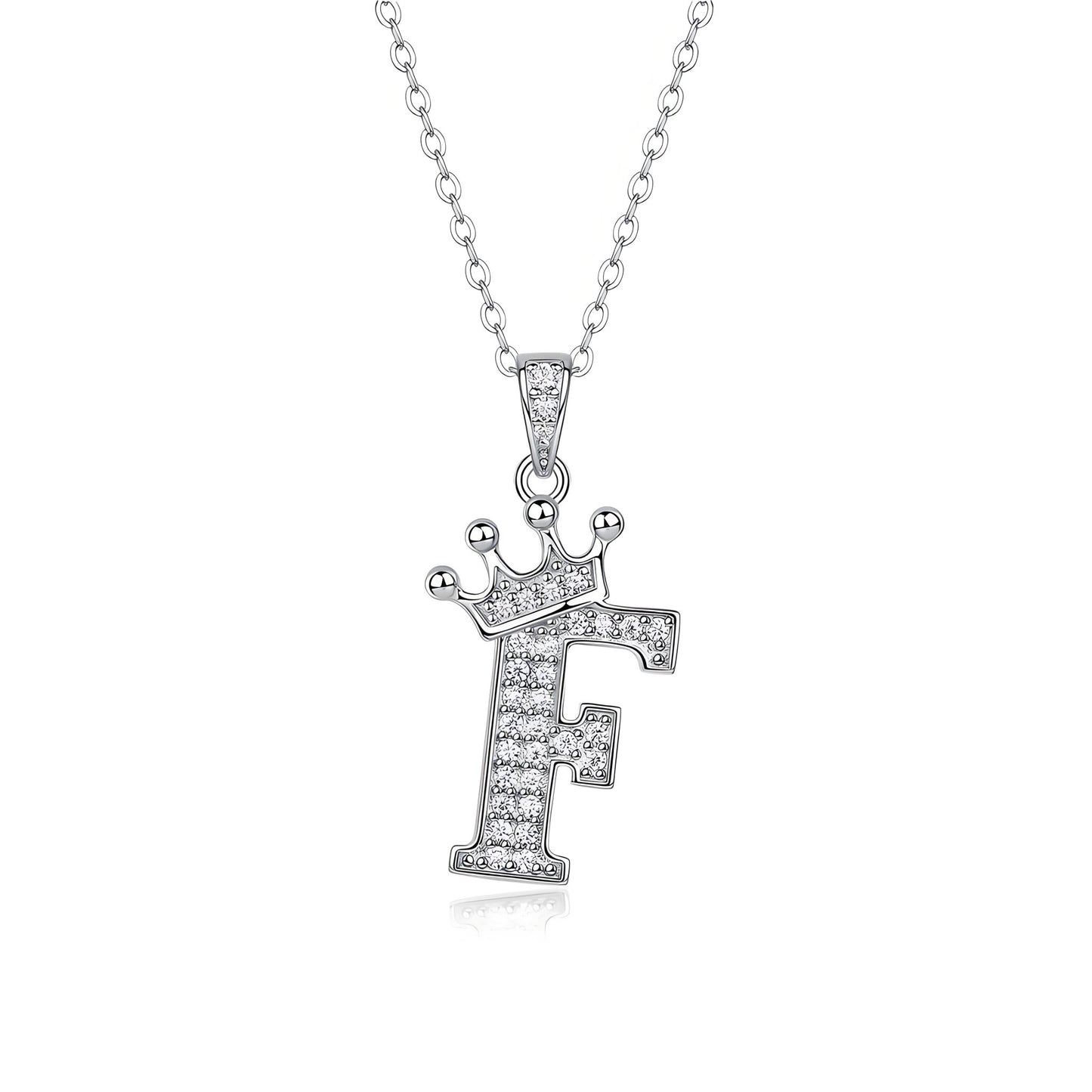 Crown Initial 'F' Letter Customized Moissanite Pendant Necklace of Tara Alphabet with Halo Bail in 18K Gold Plated Sterling Silver - La Pretti