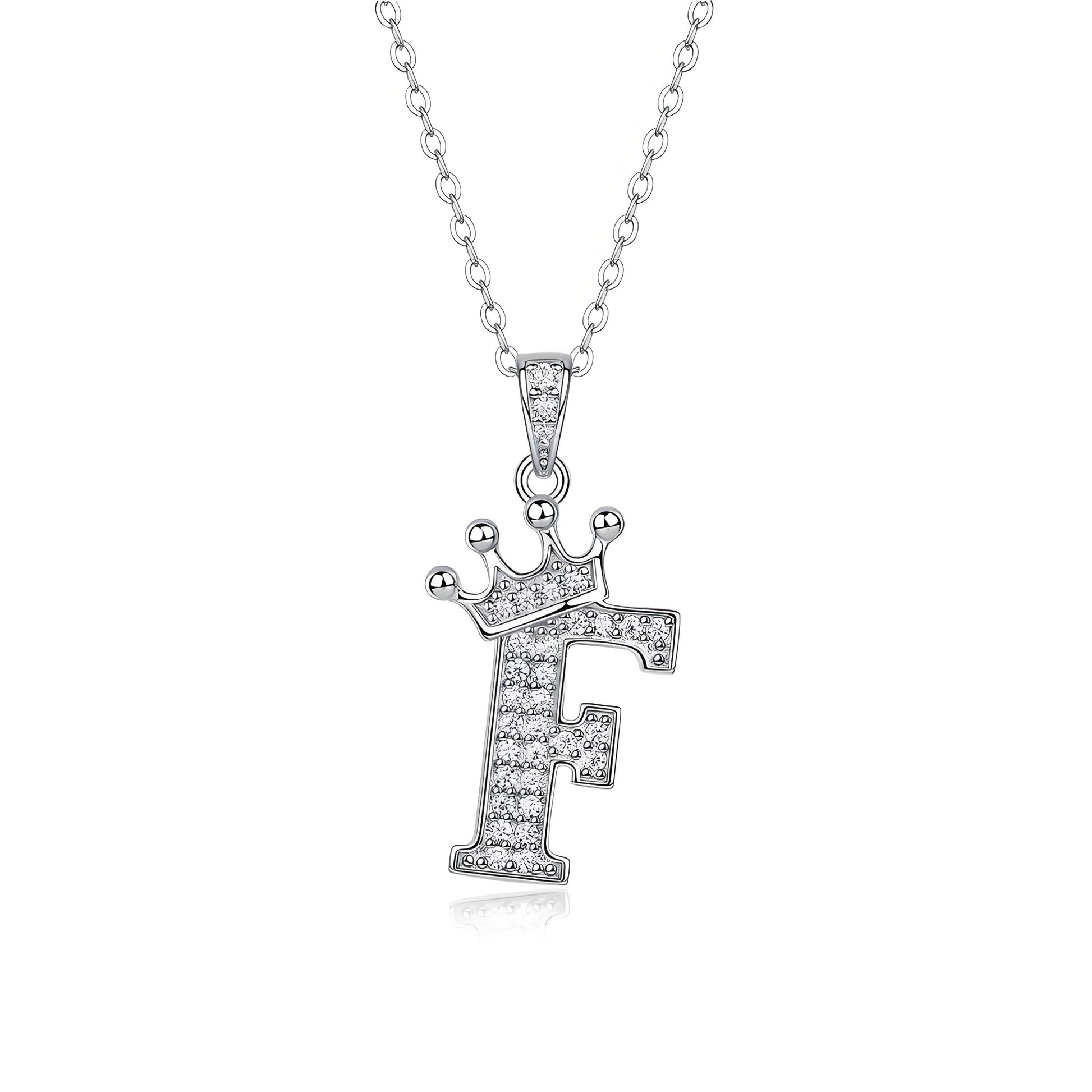 Crown Initial 'F' Letter Customized Moissanite Pendant Necklace of Tara Alphabet with Halo Bail in 18K Gold Plated Sterling Silver - La Pretti