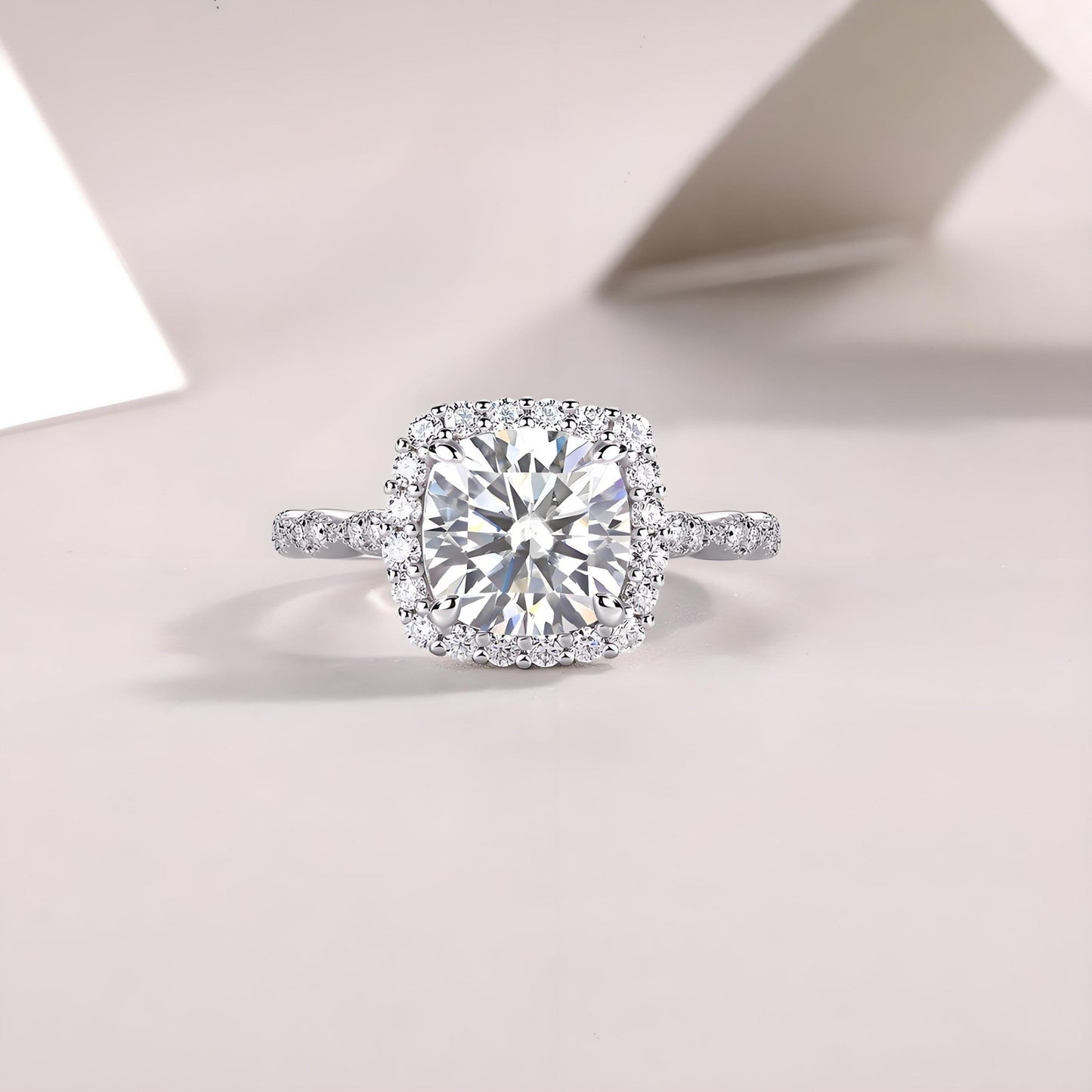 Cushion Cut Moissanite Halo Engagement Ring in Scalloped Pave Setting (3ct. ) - La Pretti