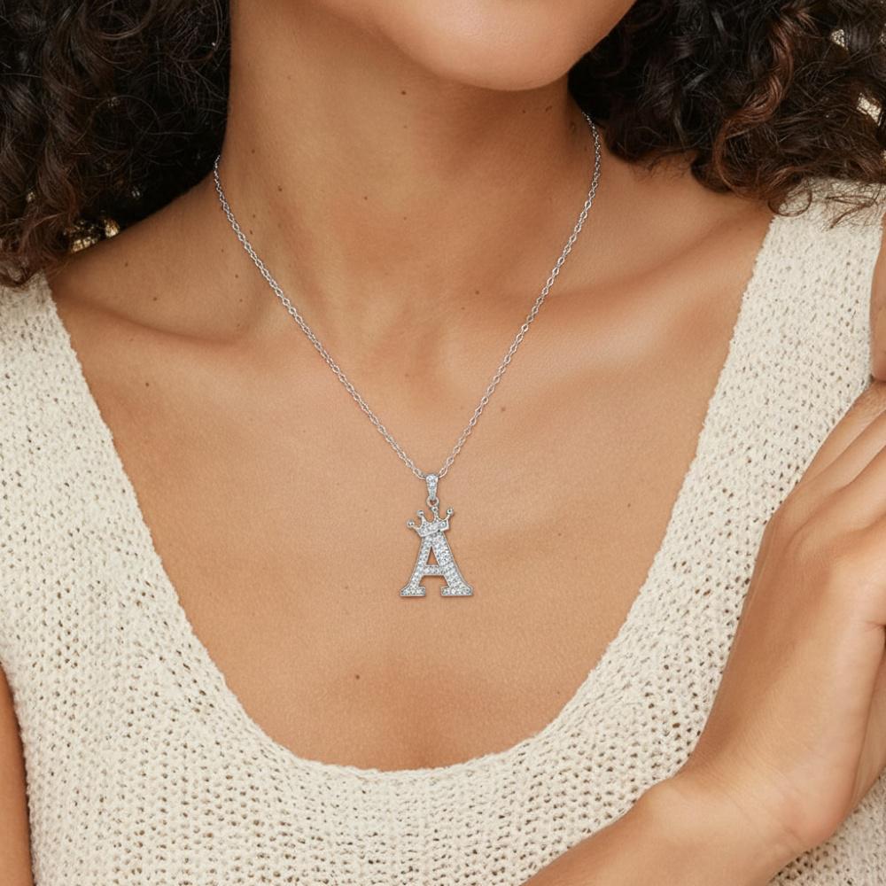 Crown Initial 'F' Letter Customized Moissanite Pendant Necklace of Tara Alphabet with Halo Bail in 18K Gold Plated Sterling Silver - La Pretti