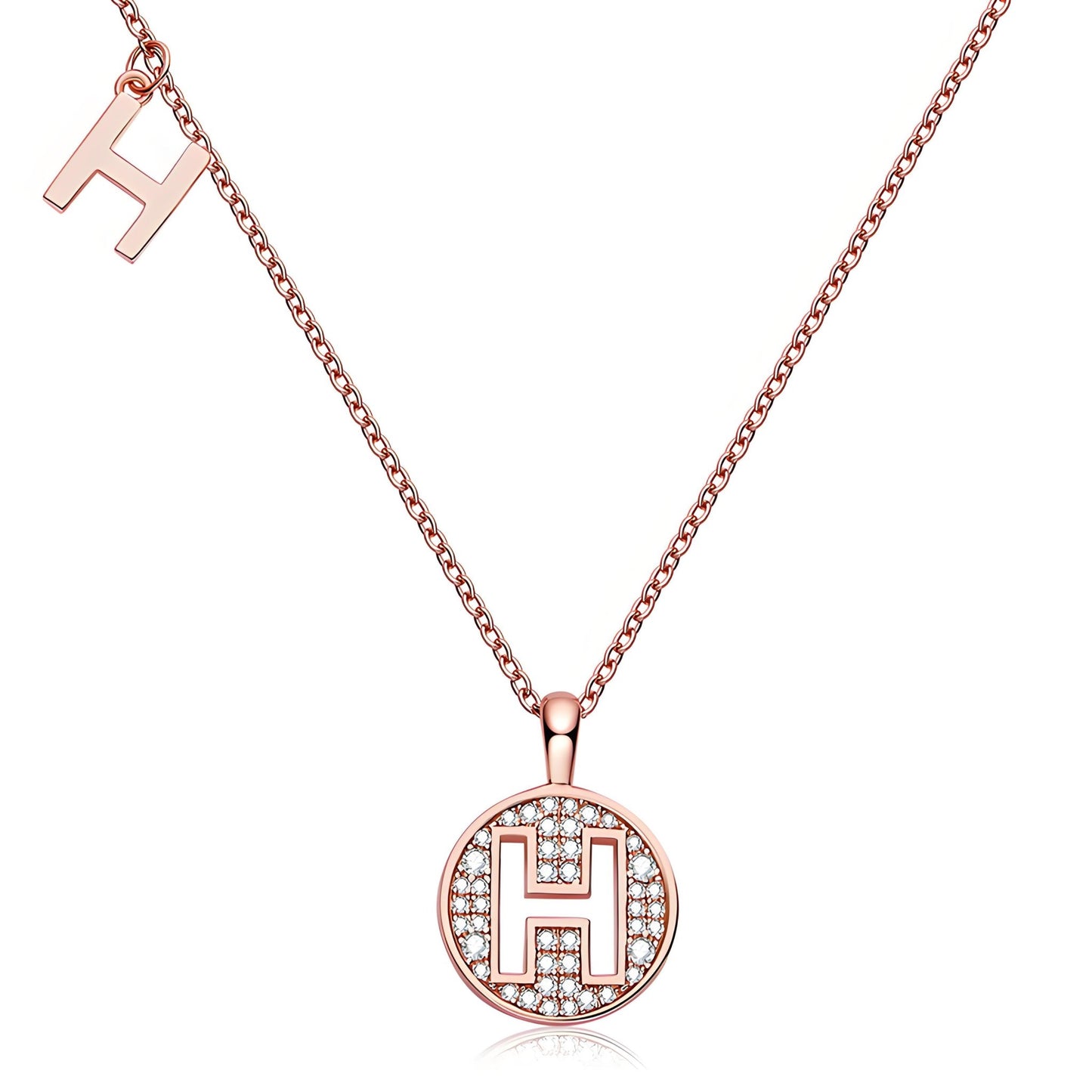 Initial 'H' Letter Medallion Customized Moissanite Necklace in 18K Rose Golden Plated Sterling Silver - La Pretti