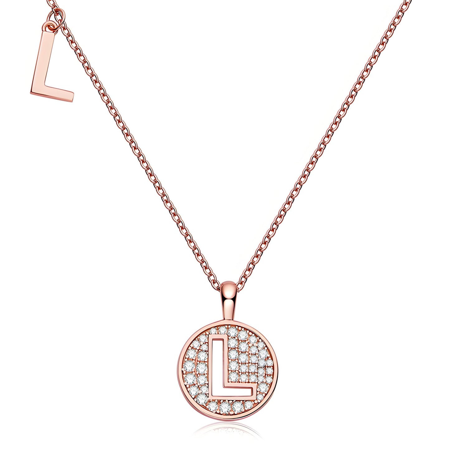 Initial 'L' Letter Medallion Customized Moissanite Necklace in 18K Rose Golden Plated Sterling Silver - La Pretti