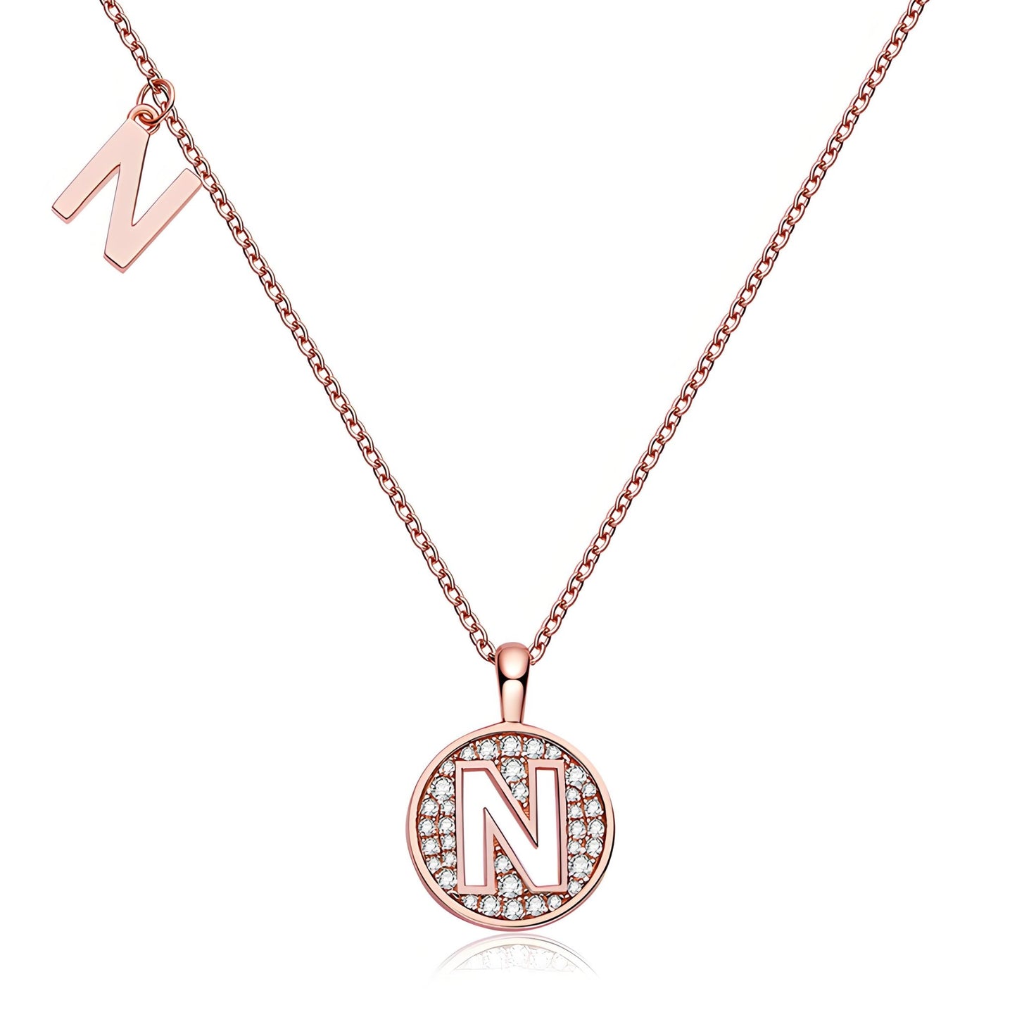 Initial 'N' Letter Medallion Customized Moissanite Necklace in 18K Rose Golden Plated Sterling Silver - La Pretti