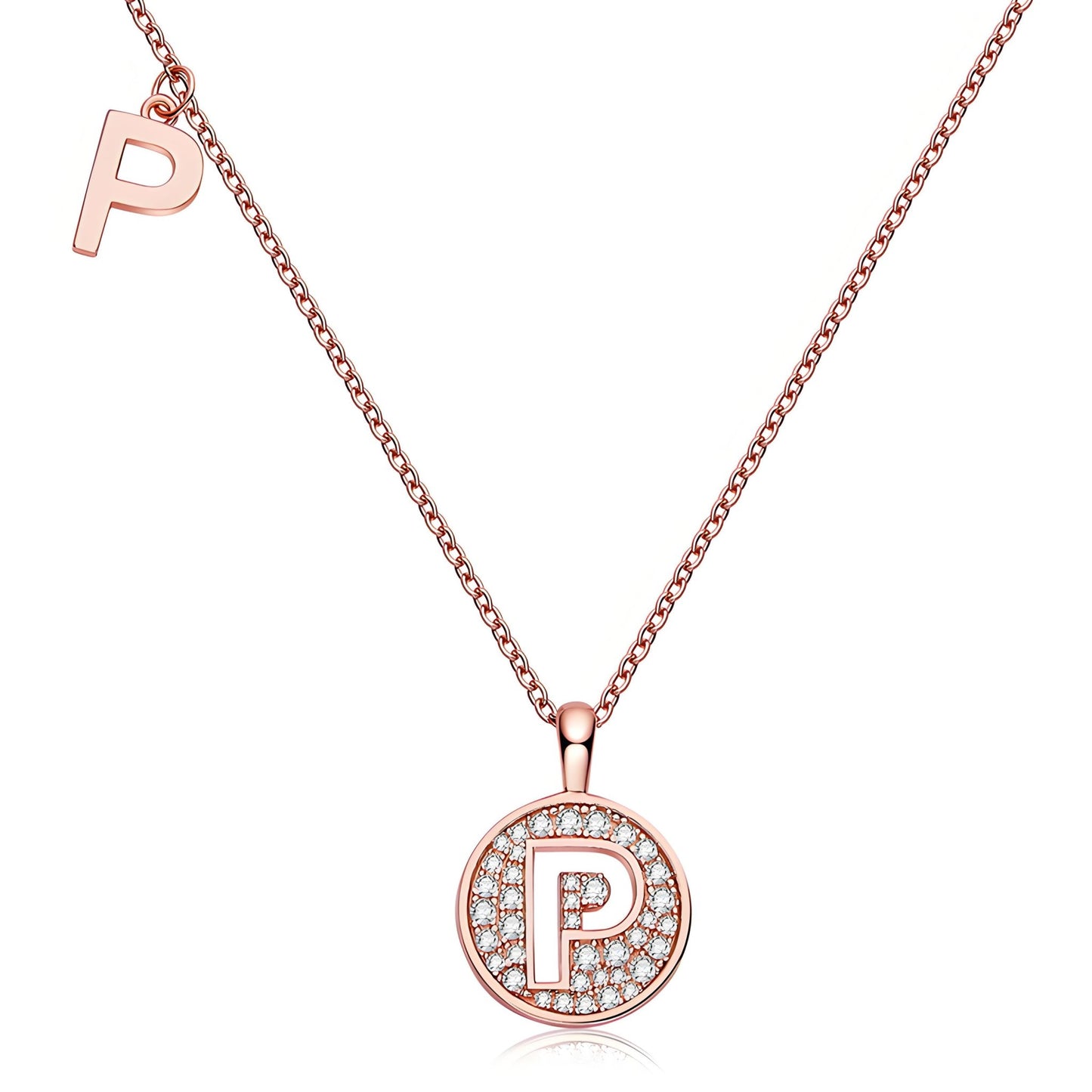 Initial 'P' Letter Medallion Customized Moissanite Necklace in 18K Rose Golden Plated Sterling Silver - La Pretti