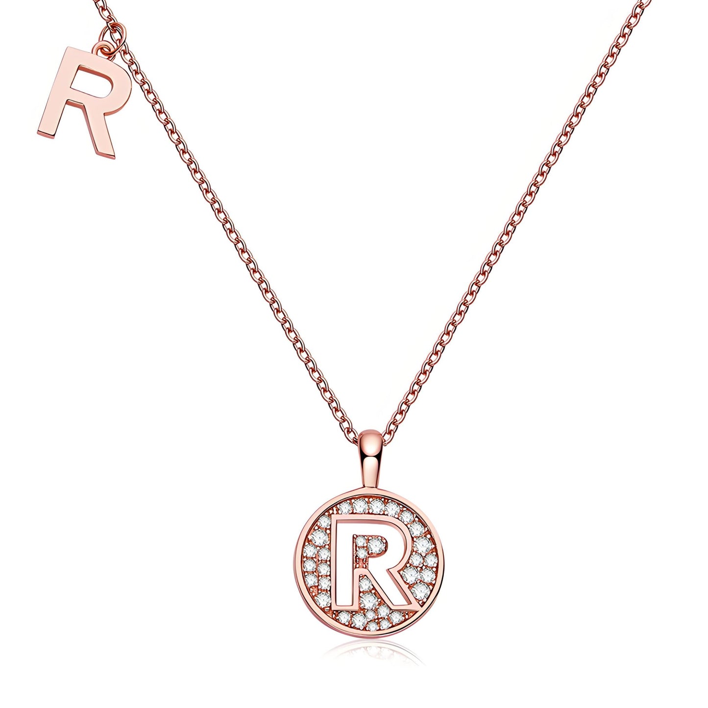 Initial 'R' Letter Medallion Customized Moissanite Necklace in 18K Rose Golden Plated Sterling Silver - La Pretti