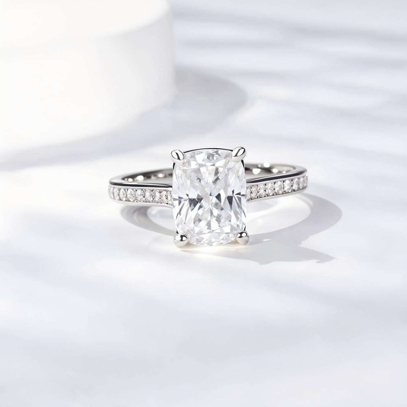 Elongated Cushion Cut Moissanite Solitaire Engagement Ring in Cathedral Channel Pave Setting (3ct. ) - La Pretti