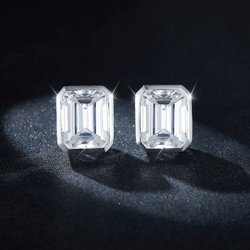 Moissanite Emerald Cut Full Bezel Stud Earrings 18K White Gold Plated Sterling Silver - La Pretti