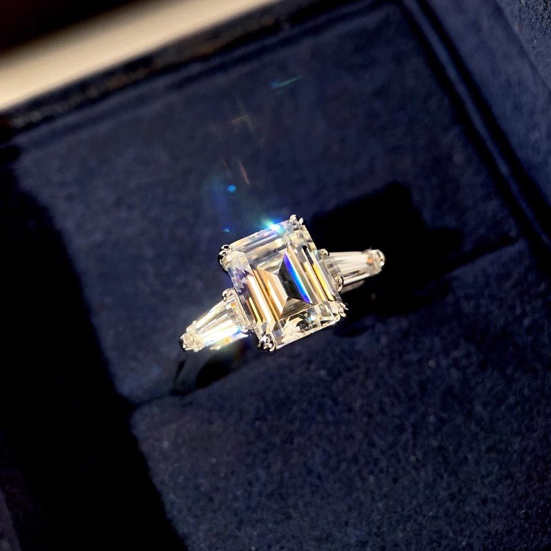 Emerald Cut Moissanite Three Stone Engagement Ring with Tapered Baguette Side Stones(3ct. ) - La Pretti