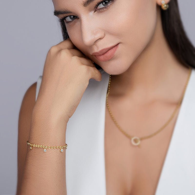 Golden Bezel of Ball Chain Moissanit Station Bracelet with Lobster Clasp - La Pretti