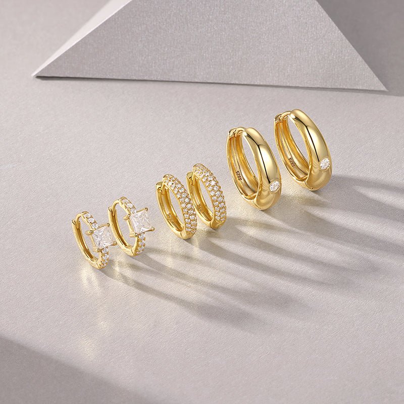 Golden Hoop Earrings Moisssanite 3 Huggie Pairs Set - La Pretti