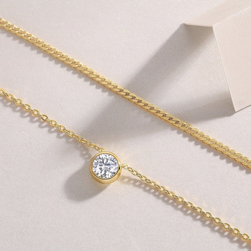 Golden Layered Moissanite Pendant Necklace of Round Bezel and Cuban Linked Chain - La Pretti