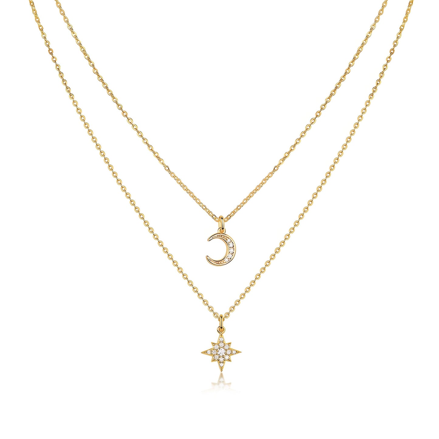 Golden Layered Necklace of Full Paved Moissnaite Polaris and Moon Pendant - La Pretti