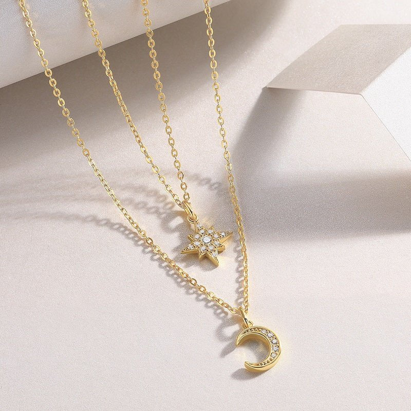 Golden Layered Necklace of Full Paved Moissnaite Polaris and Moon Pendant - La Pretti
