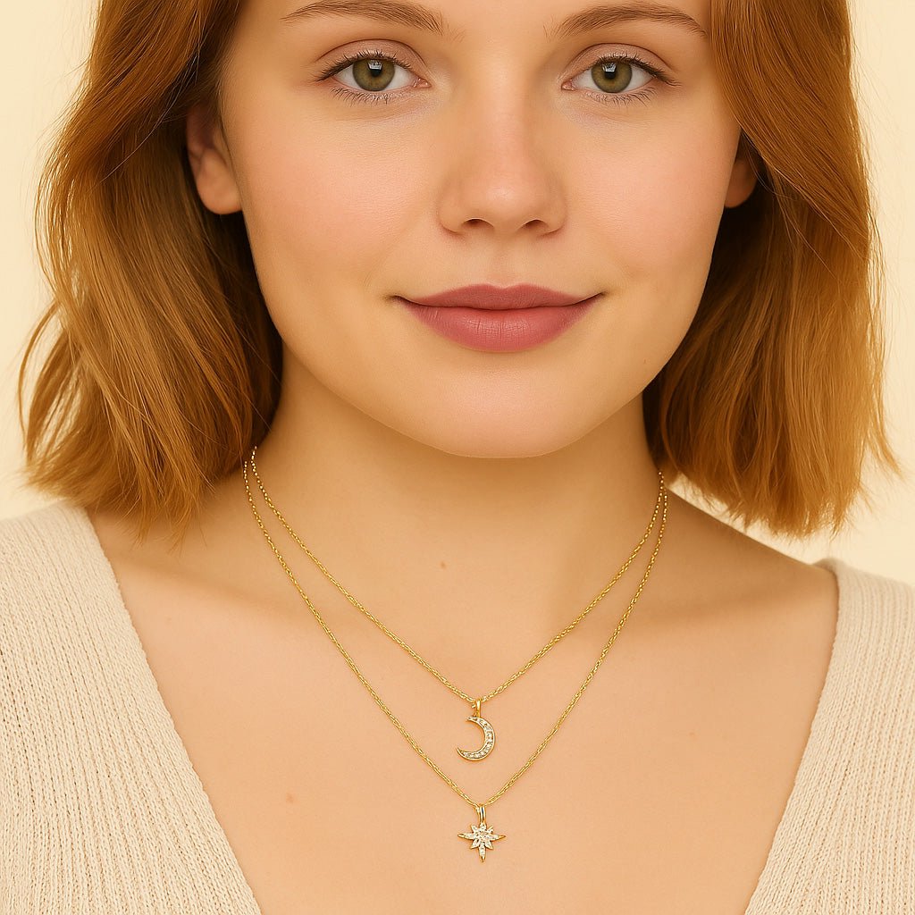 Golden Layered Necklace of Full Paved Moissnaite Polaris and Moon Pendant - La Pretti
