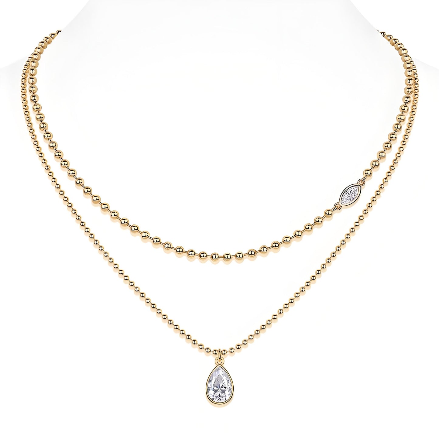 Golden Moissanite Layered Necklace of Beaded Chain with Focal Bezel Marquise Cut and Pear Shaped Pendant Set - La Pretti