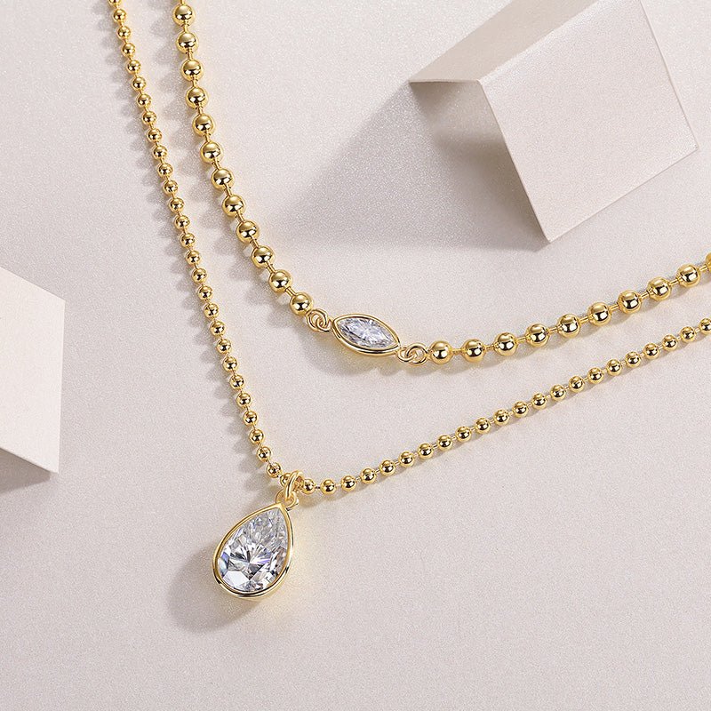 Golden Moissanite Layered Necklace of Beaded Chain with Focal Bezel Marquise Cut and Pear Shaped Pendant Set - La Pretti
