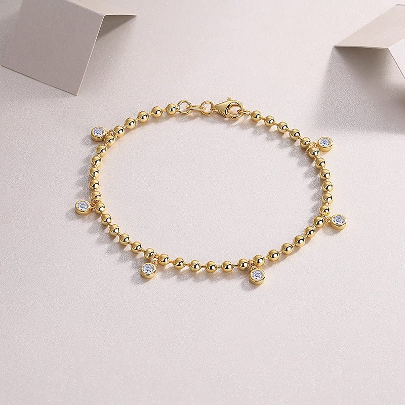 Golden Bezel of Ball Chain Moissanit Station Bracelet with Lobster Clasp - La Pretti