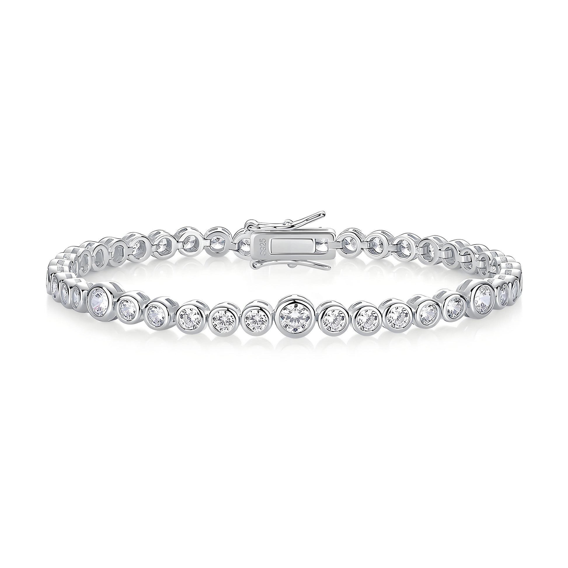 Graduated Moissanite Bezel Tennis Bracelet with Tab - inserted Clasp - La Pretti