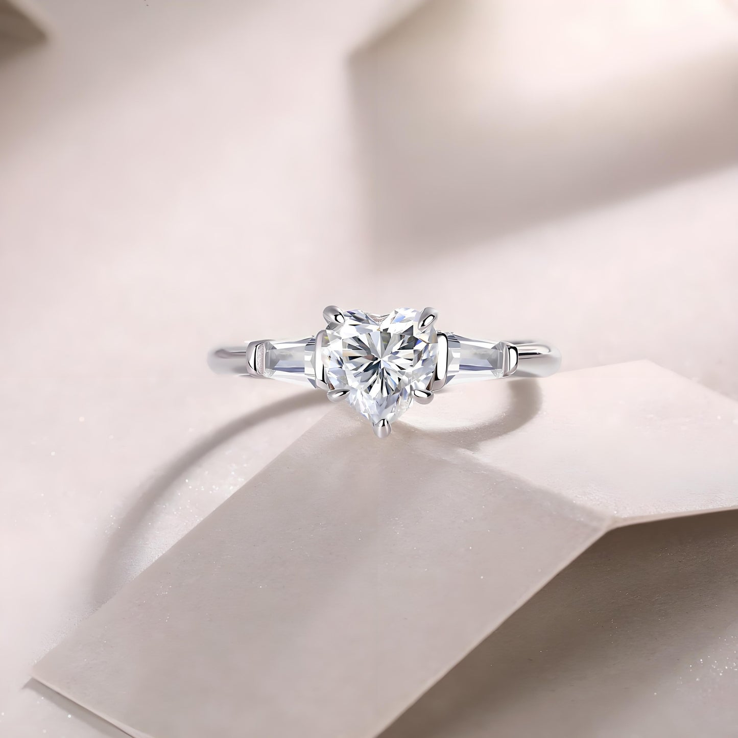 Heart Shaped Moissanite Three Stone Engagement Ring with Tapered Baguette Side Stones (1ct. ) - La Pretti