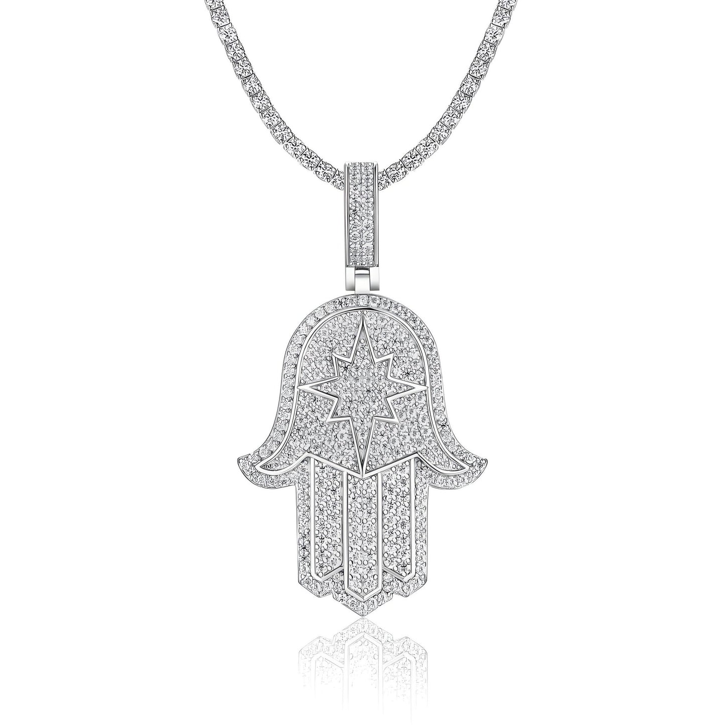 Iced Hamsa of Moissanite Christmas Oblong Star in Fatima's Hand Pendant with Double Halo Bail (Charm) - La Pretti