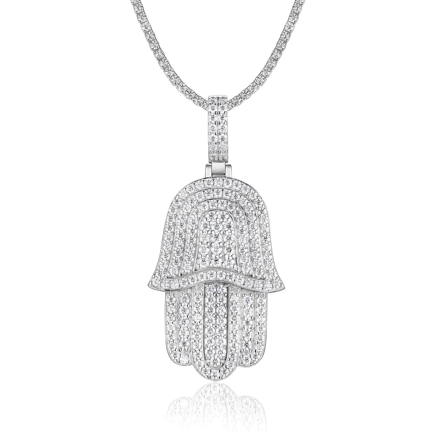Iced Hamsa of Moissanite Fatima's Hand Pendant with Double Halo Bail (Charm) - La Pretti