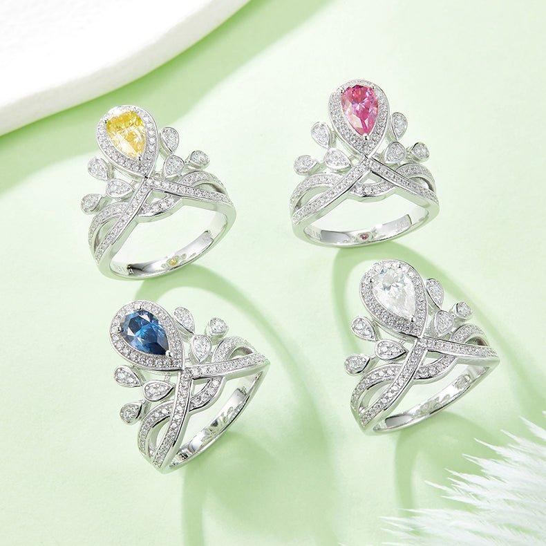 Josephine Crown Imperiale Pear Shaped Moissanite Halo Engagement Ring in Pave Setting (1ct. ) - La Pretti