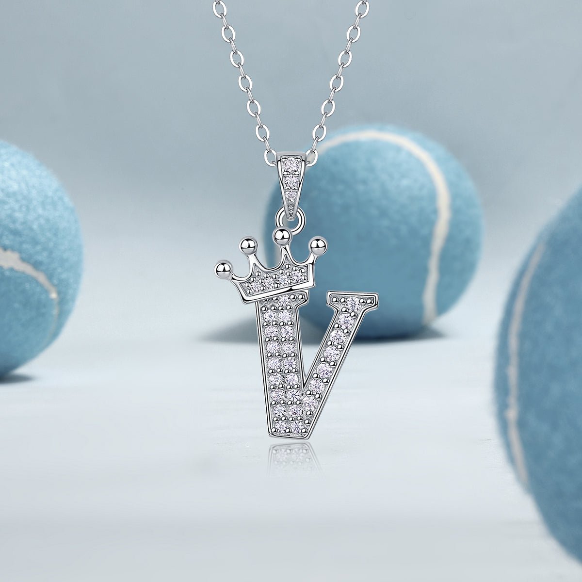 Crown Initial 'V' Letter Customized Moissanite Pendant Necklace of Tiara Alphabet with Halo Bail in 18K Gold Plated Sterling Silver - La Pretti