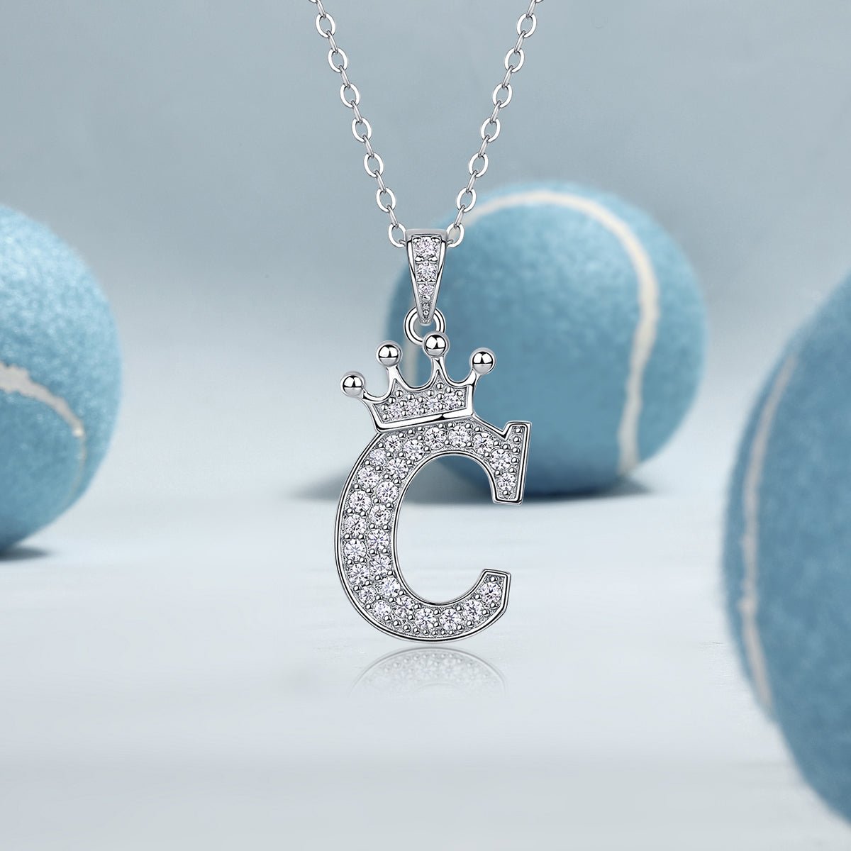 Crown Initial 'C' Letter Customized Moissanite Pendant Necklace of Tara Alphabet with Halo Bail in 18K Gold Plated Sterling Silver - La Pretti