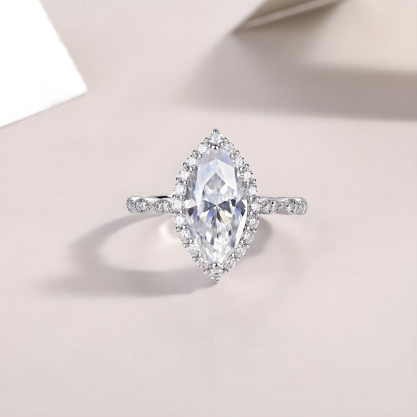 Marquise Cut Moissanite Halo Engagement Ring in Scalloped Pave Setting (3ct. ) - La Pretti