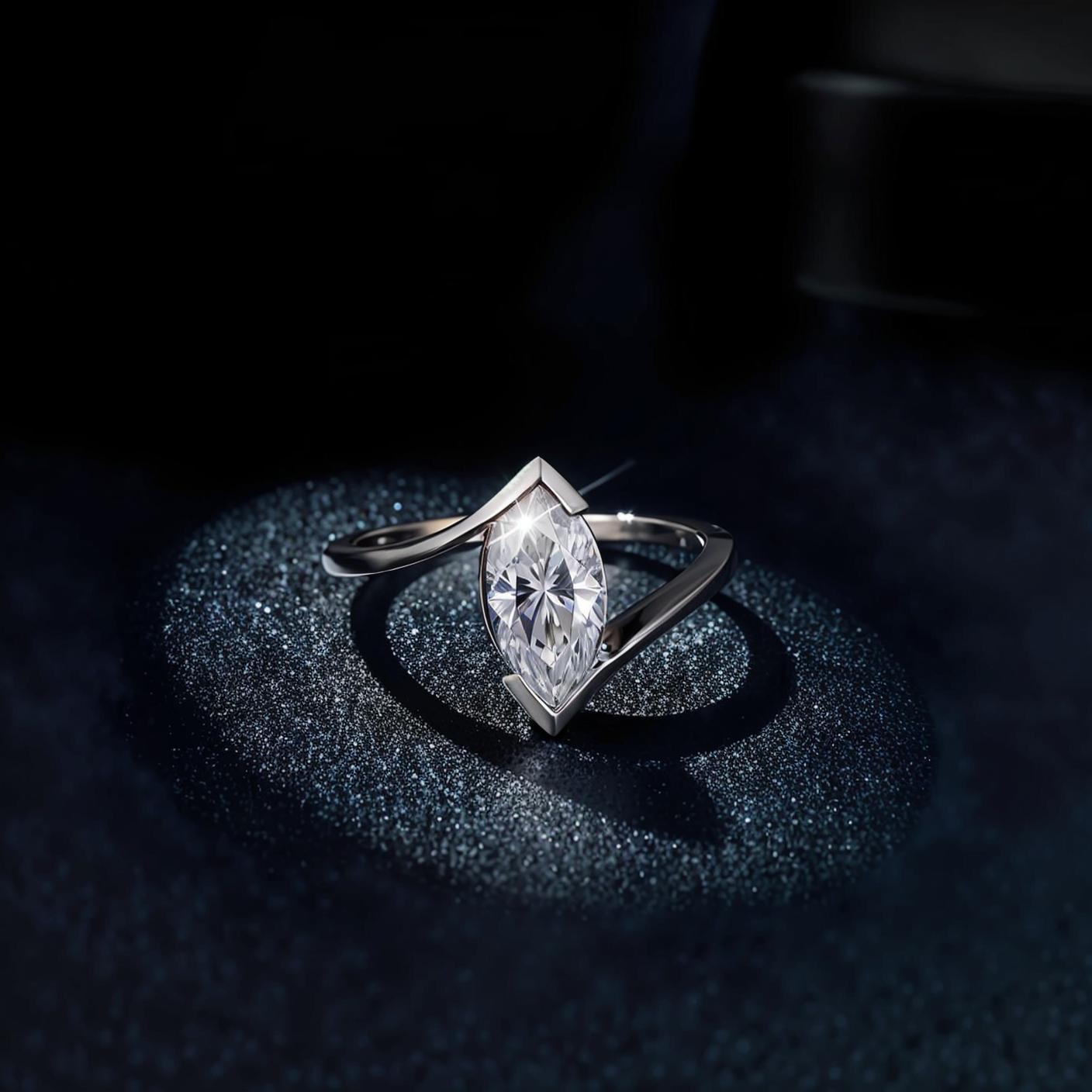 Solitaire Marquise Moissanite Half Bezel Engagement Ring in Curved Bypass (1ct. ) - La Pretti