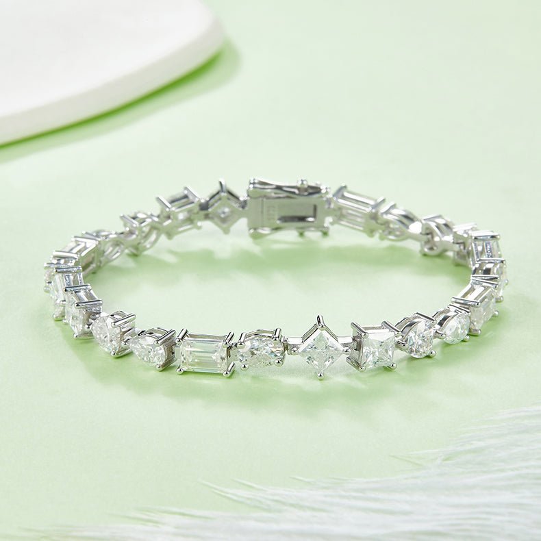 Mix - cuts Moissanite Tennis Bracelet of Multi Shaped with Tab - inserted Clasp - La Pretti