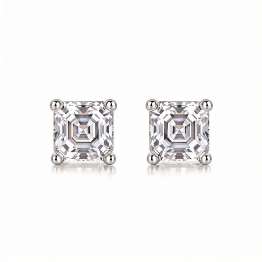 Asscher Moissanite Stud Earrings in 18K White Gold Plated Sterling Silver (2ct. ) - La Pretti