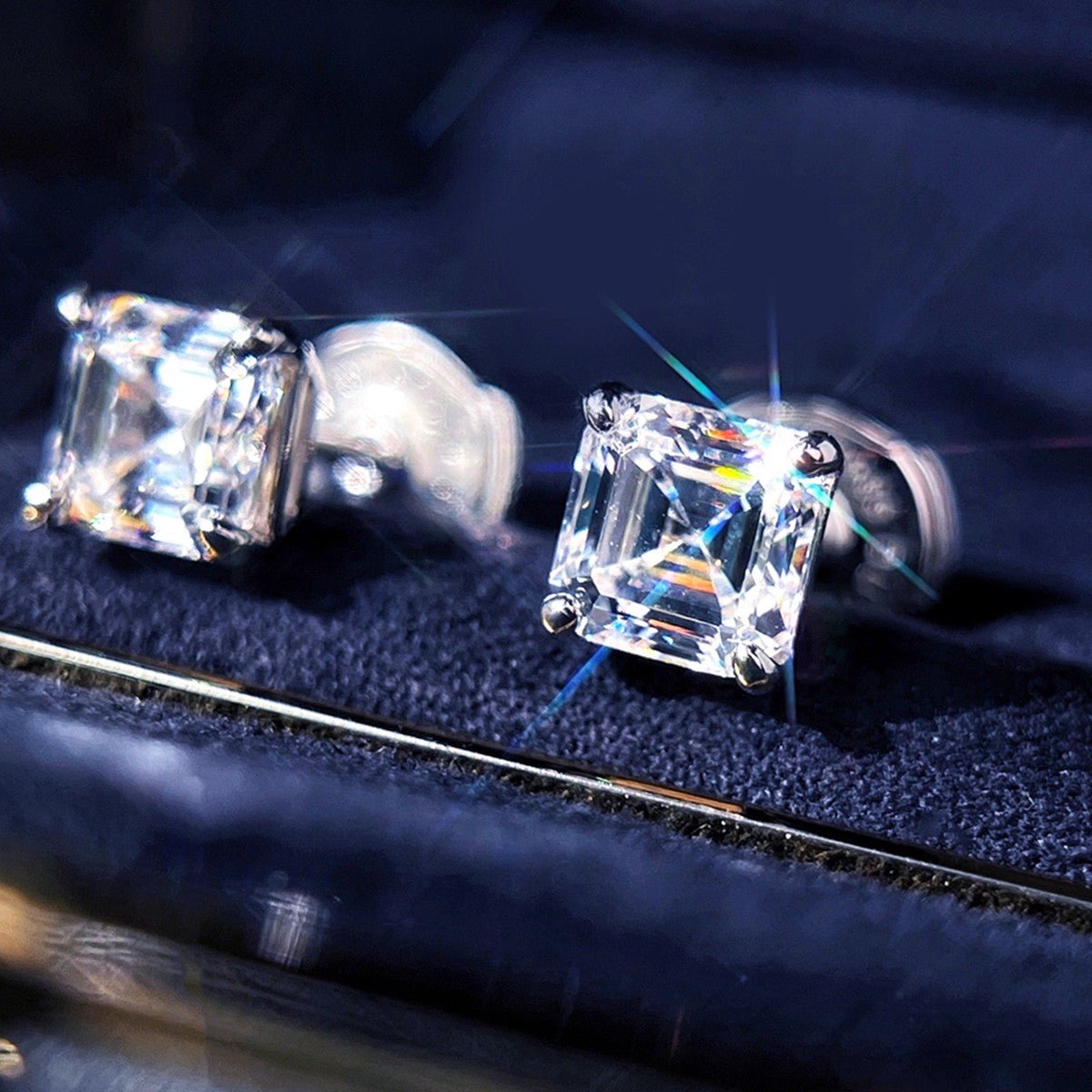 Asscher Moissanite Stud Earrings in 18K White Gold Plated Sterling Silver (2ct. ) - La Pretti