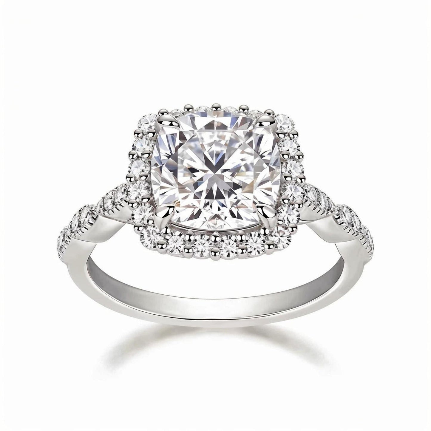 Cushion Cut Moissanite Halo Engagement Ring in Scalloped Pave Setting (3ct. ) - La Pretti