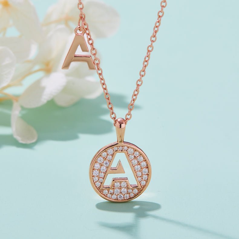 Initial 'A' Letter Medallion Customized Moissanite Necklace in 18K Rose Golden Plated Sterling Silver - La Pretti