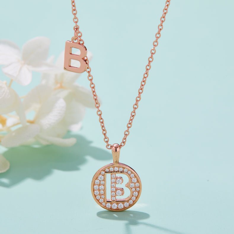Initial 'B' Letter Medallion Customized Moissanite Necklace in 18K Rose Golden Plated Sterling Silver - La Pretti