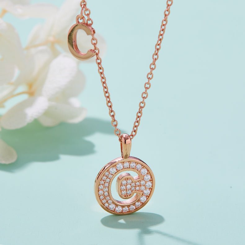 Initial 'C' Letter Medallion Customized Moissanite Necklace in 18K Rose Golden Plated Sterling Silver - La Pretti