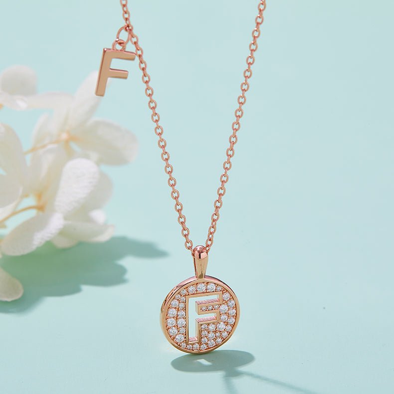 Initial 'F' Letter Medallion Customized Moissanite Necklace in 18K Rose Golden Plated Sterling Silver - La Pretti