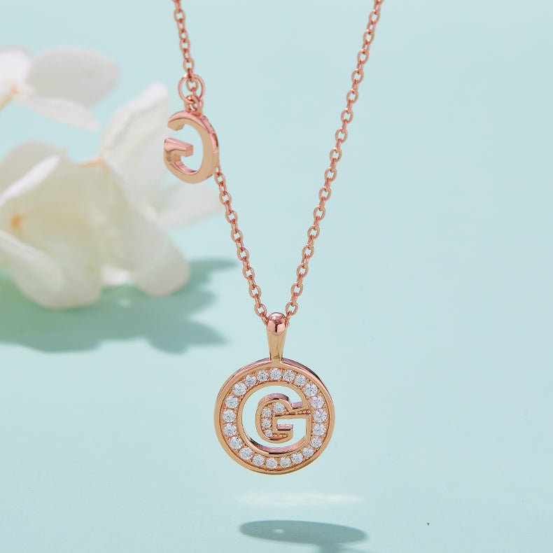 Initial 'G' Letter Medallion Customized Moissanite Necklace in 18K Rose Golden Plated Sterling Silver - La Pretti
