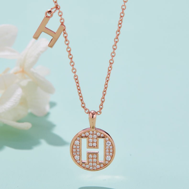 Initial 'H' Letter Medallion Customized Moissanite Necklace in 18K Rose Golden Plated Sterling Silver - La Pretti